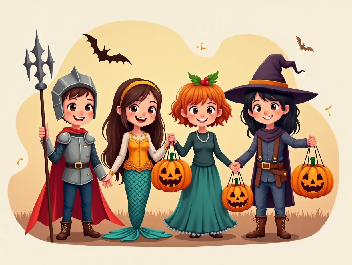 Group of three children and an adult in creative costumes including a knight, mermaid, pumpkin cowboy, and witch celebrating Halloween on a transparent background