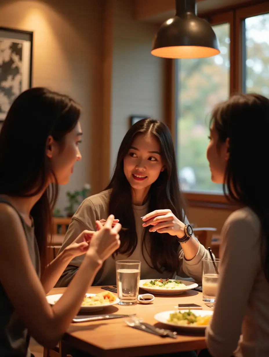 3 young women, Asian, in their 20s, dining in a restaurant