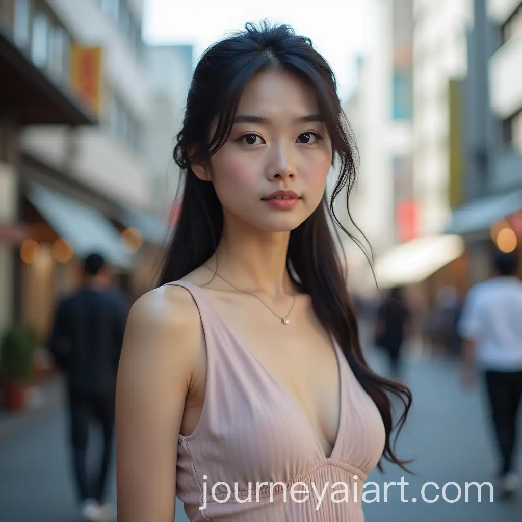 Delicate-Beauty-in-Stylish-Western-and-Japanese-Fusion-Attire-in-Bustling-Tokyo