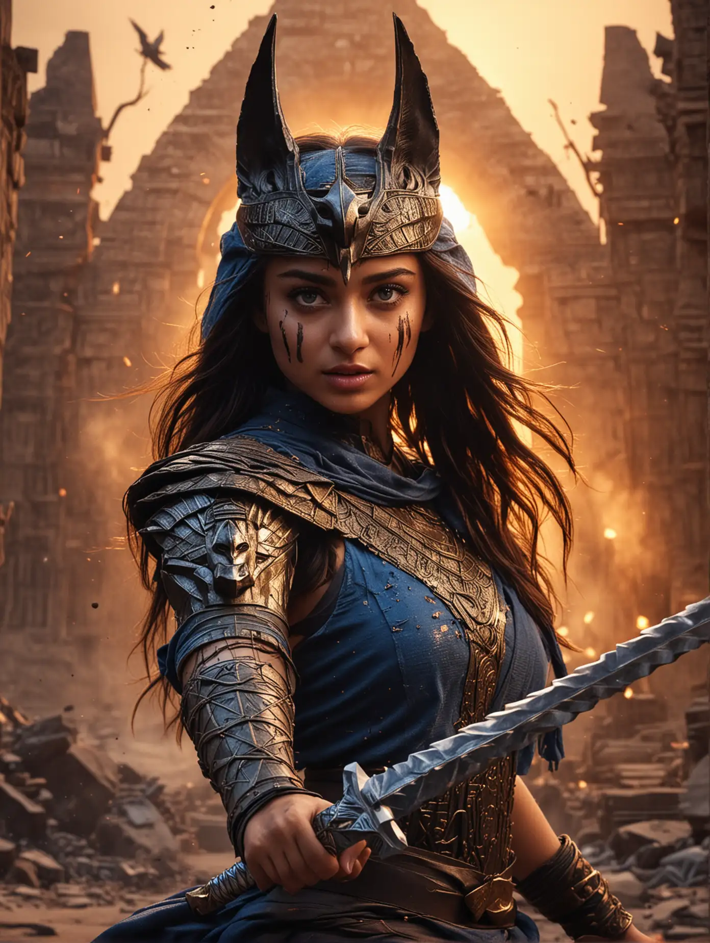 A masterful and striking conceptual art potrait, close up portrait, close up shot, showcasing beauty blue eyes Alia Bhatt wears anubis warrior outfit, holding a sword, deeply immersed in the chaotic energy of a war Zone with explosions everywhere. Dynamic martial action pose at pyramide temple background with amazing ray tracing of sunset light.