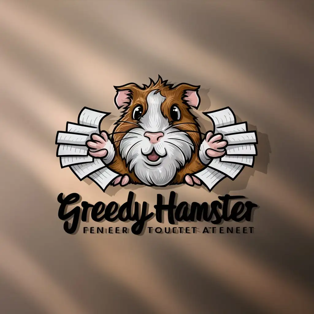 a logo design,with the text "Greedy Hamster", main symbol:A guinea pig is grabbing paper sheets with its paws towards itself,Moderate,be used in Entertainment industry,clear background