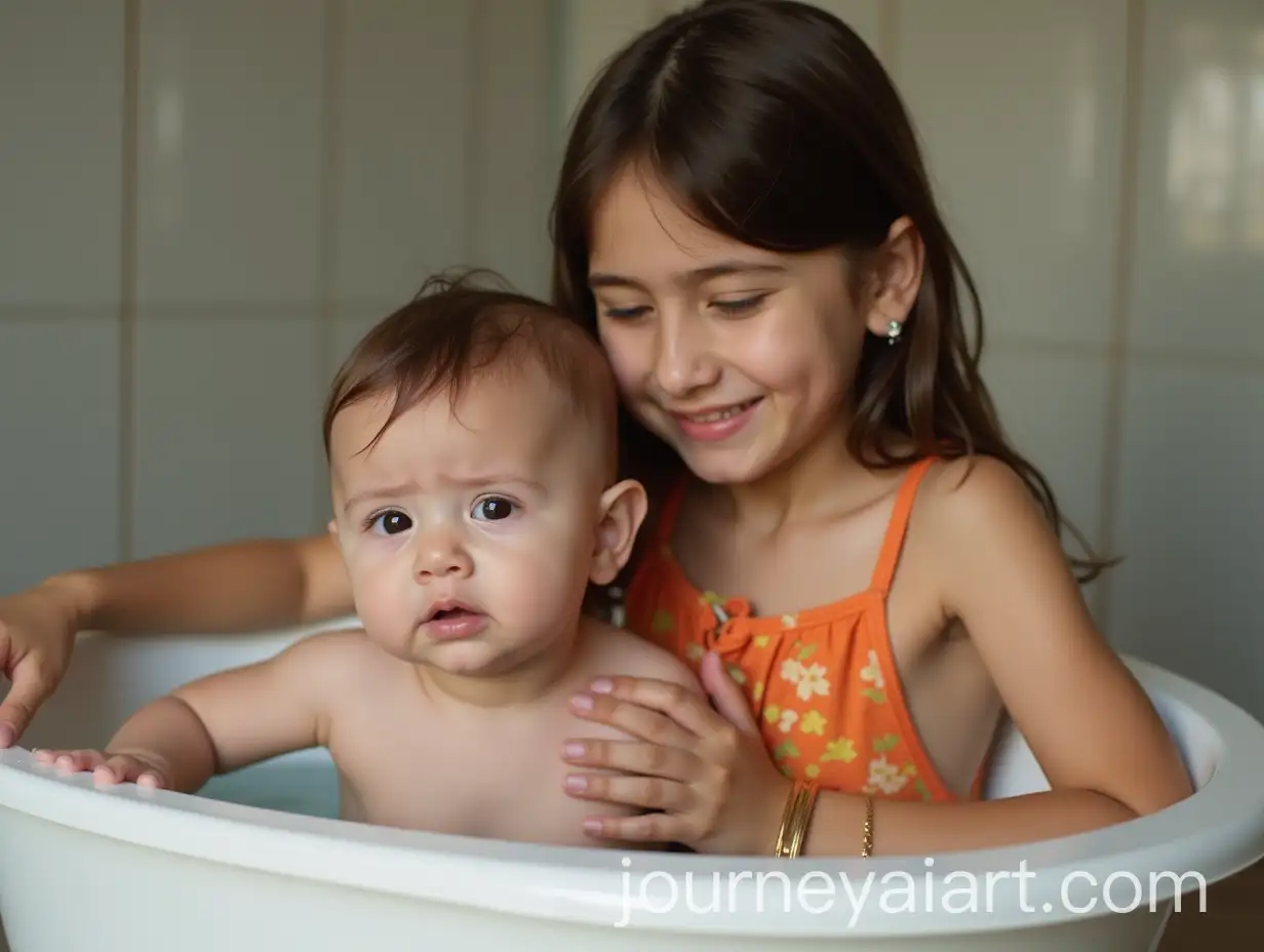 Iranian-Girl-Bathing-Baby-Brother-with-a-Playful-Expression