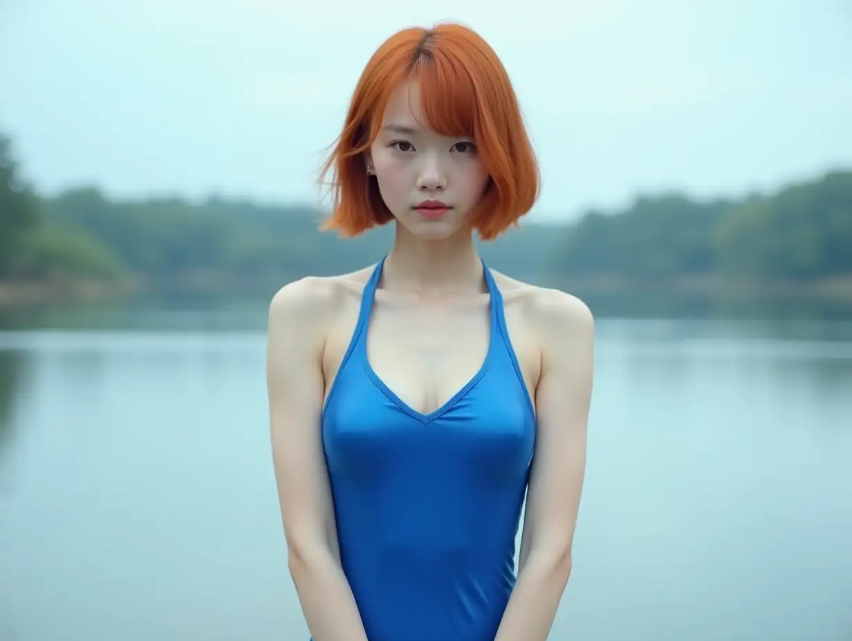 Asian-Girl-in-Cobalt-Blue-School-Swimsuit-at-Overcast-Lake