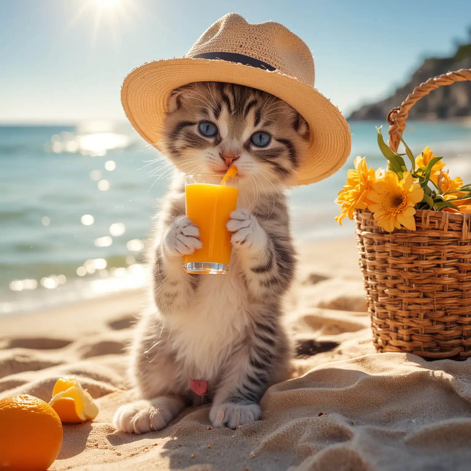 Kitten-in-Bikini-with-Orange-Juice-on-Beach