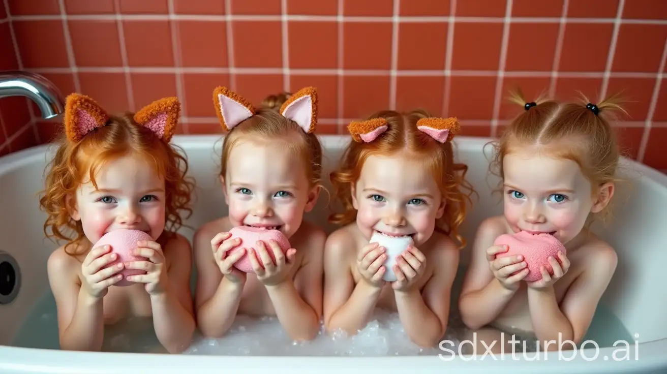 Mother-Washing-4-Adorable-Redhead-Daughters-in-Preschool-Bathtub-with-Cat-Fur-Ears