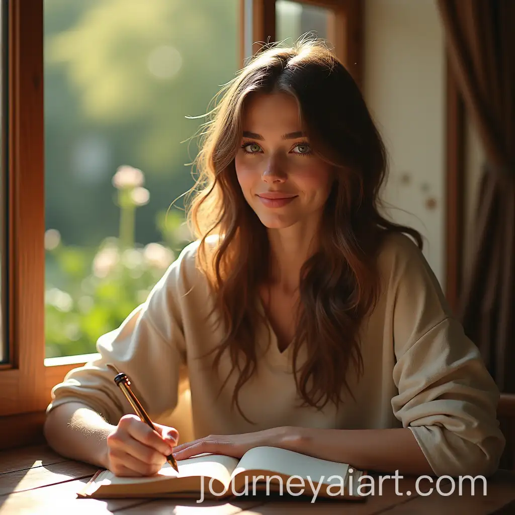 Young-Woman-Writing-in-LeatherBound-Diary-with-Soft-Sunlight-and-Garden-View