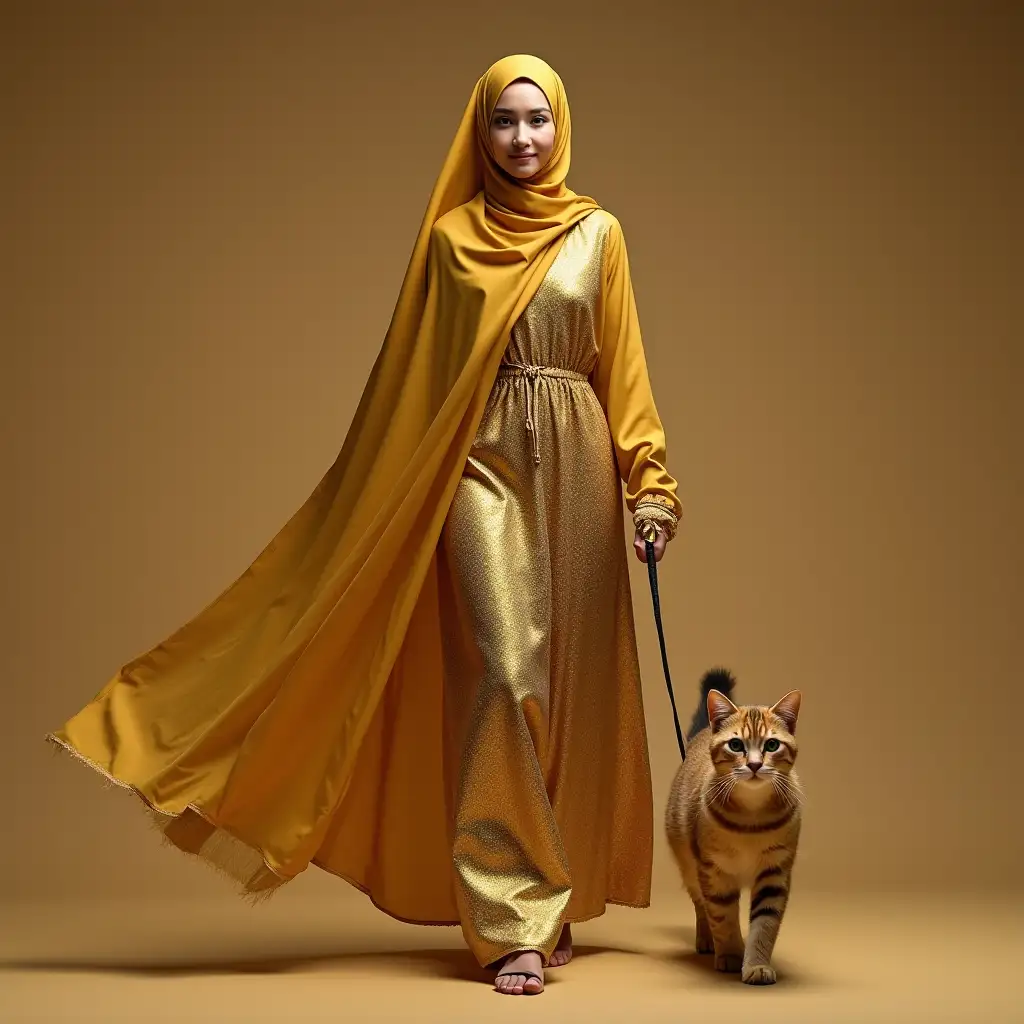 A beautiful Muslim woman wearing a gold dress and long gold veil walks forward with a huge cat