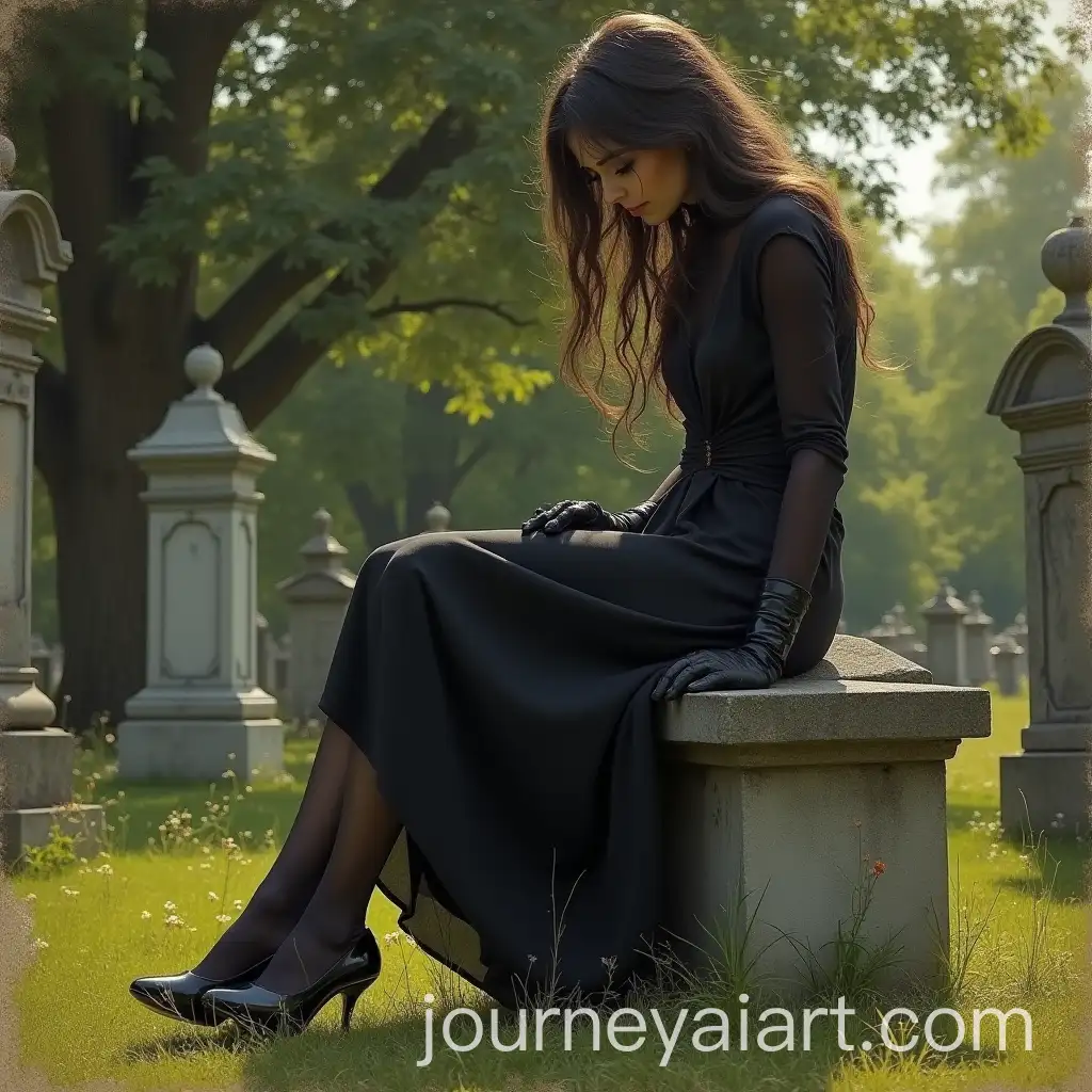 Young-Black-Widow-in-Black-Dress-at-Cemetery-on-Sunny-Day