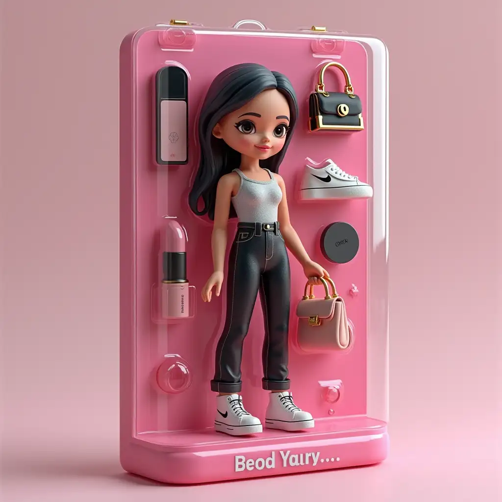 user_prompt: Create a 3D figure of a human on pic. Style: collectible toy in blister packaging [. Accessories: phone purse lip gloss . Inscriptions: Alena On box make black pink