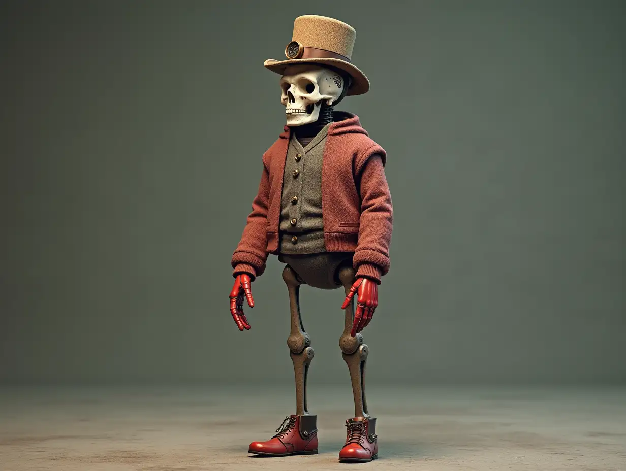 Create a high-resolution, realistic image of a robot standing with a skeleton body, red porcelain hands, porcelain head, sweater, steampunk top hat and legs on the ground in 4k resolution Steampunk 8k quality