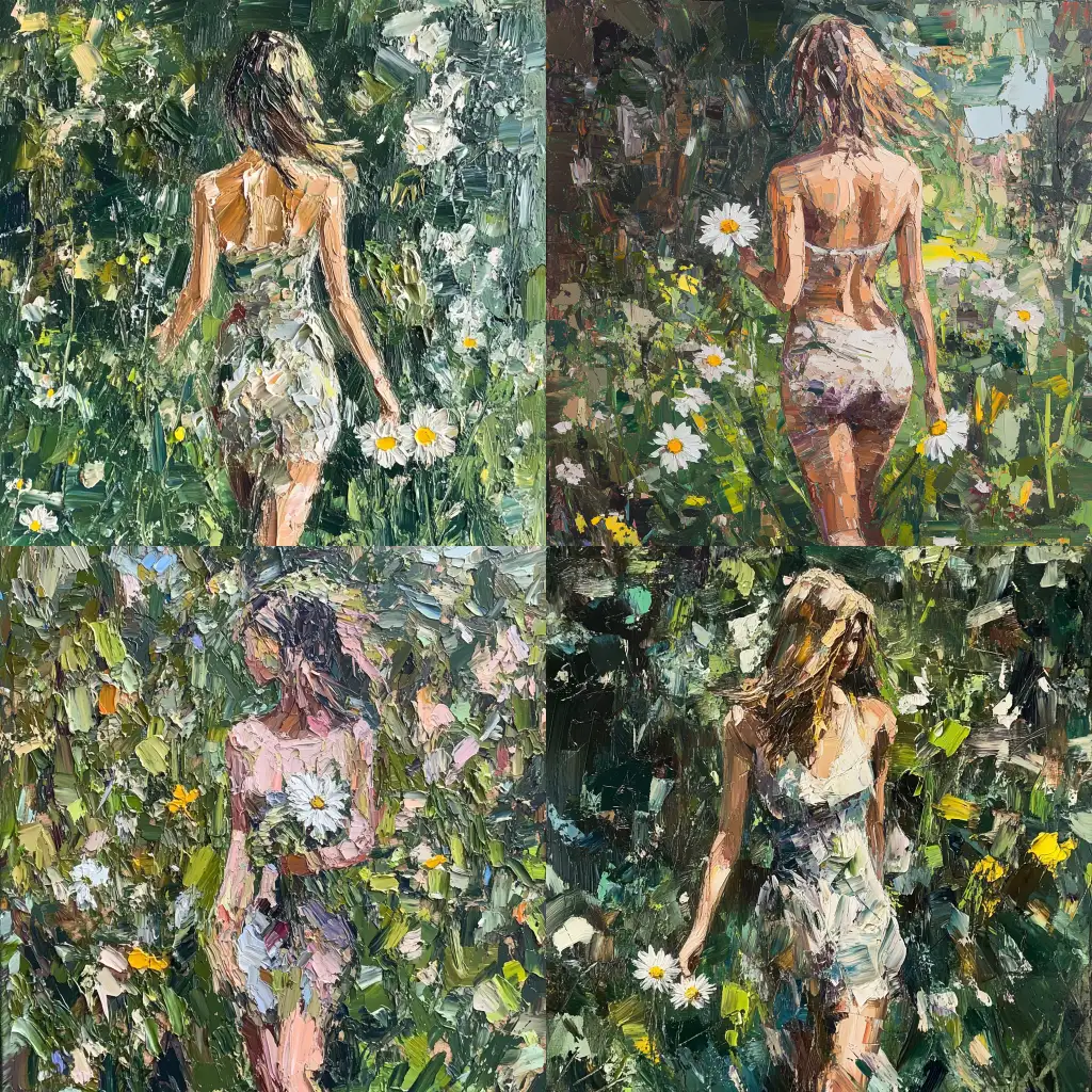 Abstract-Woman-Walking-Through-Lush-Park-Holding-a-Daisy