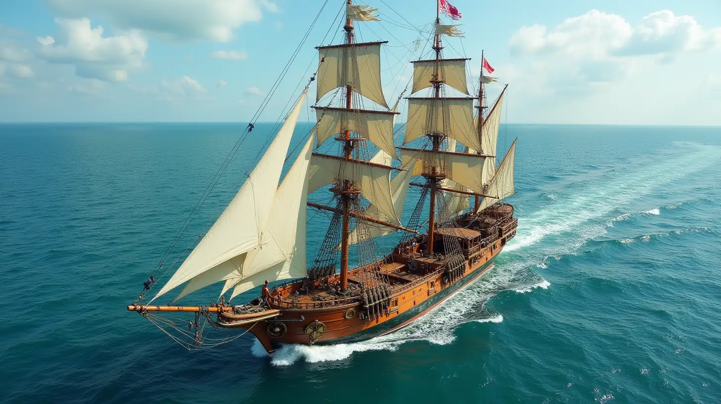 Birds Eye View of a Steampunk Ship Sailing the Ocean