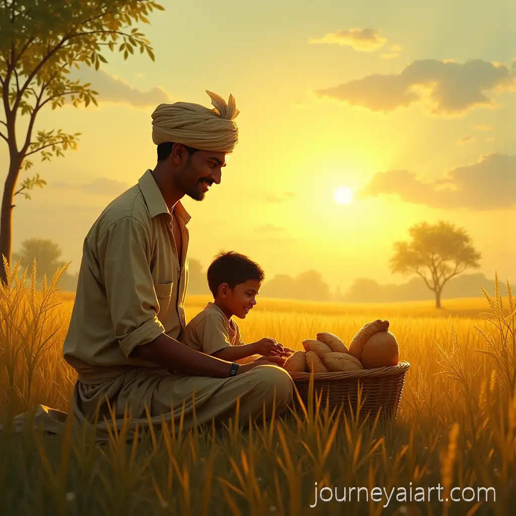 Father-and-Son-Sharing-Bread-in-a-Sunlit-Village-Field