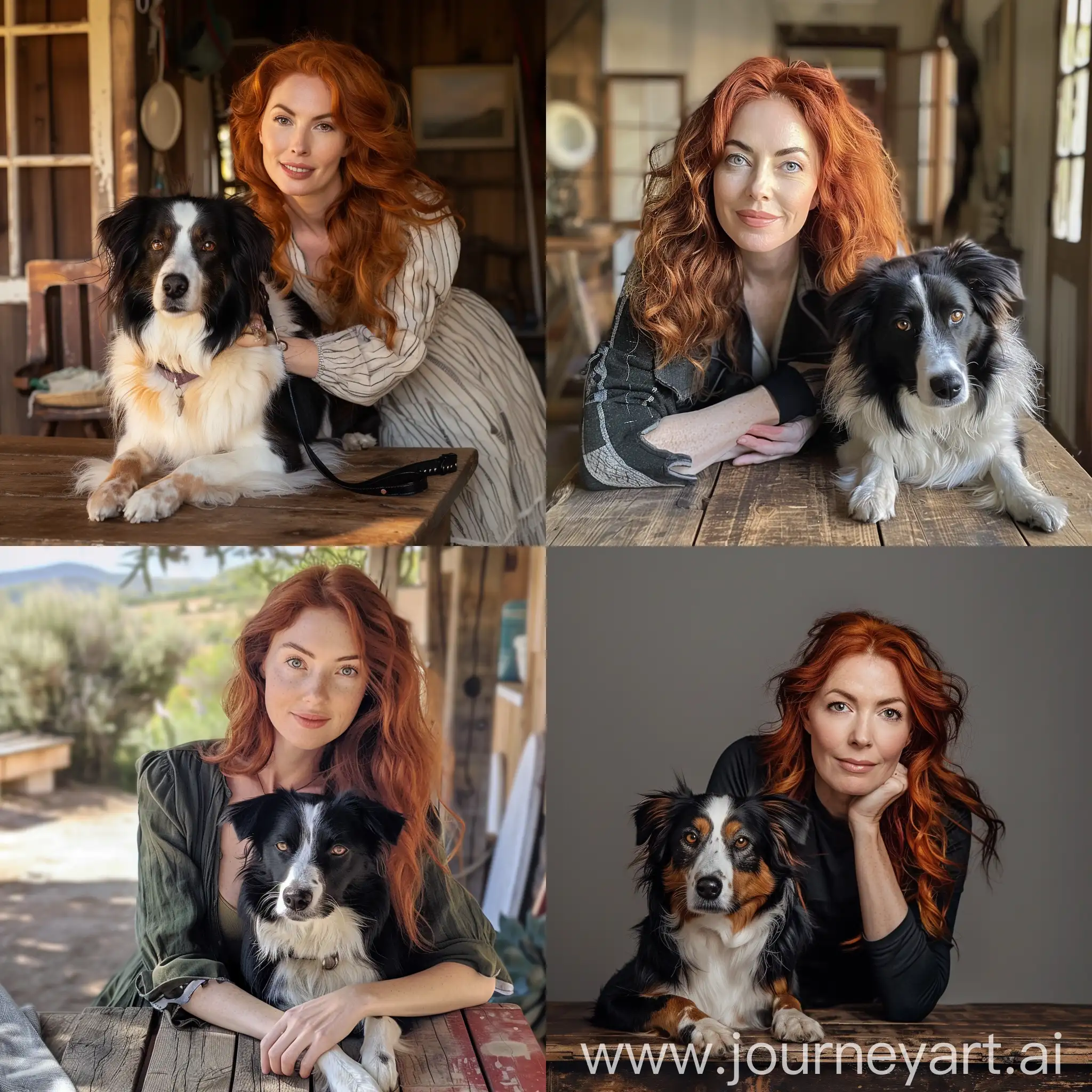 Woman-with-Red-Hair-and-Black-and-White-Dog-on-Wooden-Table