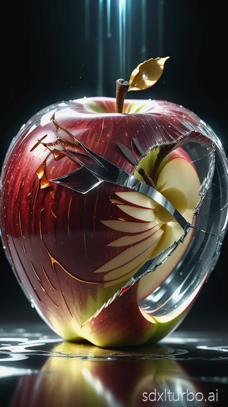 A hyper-realistic crystal apple with transparent glass-like texture, sharp steel knife slicing through the apple, cracks of light scattering across the crystal surface, glowing golden juice flowing out from the cut as if liquid light, ultra-detailed reflections, cinematic dramatic lighting, surreal fantasy realism, high contrast, ultra-sharp focus, 8K ultra-realistic concept artwork.
