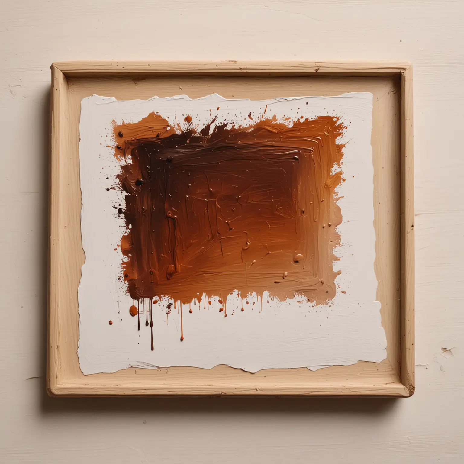 view strictly from above: artist brush for oil painting lie on a rectangular wooden palette. The palette is covered with several layers of thick brown oil paint. The paint is thick, wet, gel-like. White background.