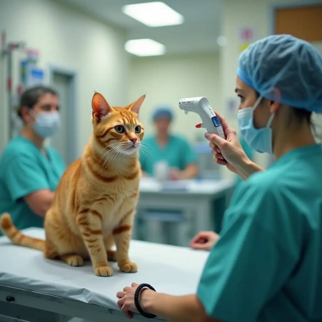 The video starts with a wide shot of a bustling vet’s office. Luna, a clever ginger cat, is placed on an examination table. She looks around nervously as the vet approaches with a thermometer.