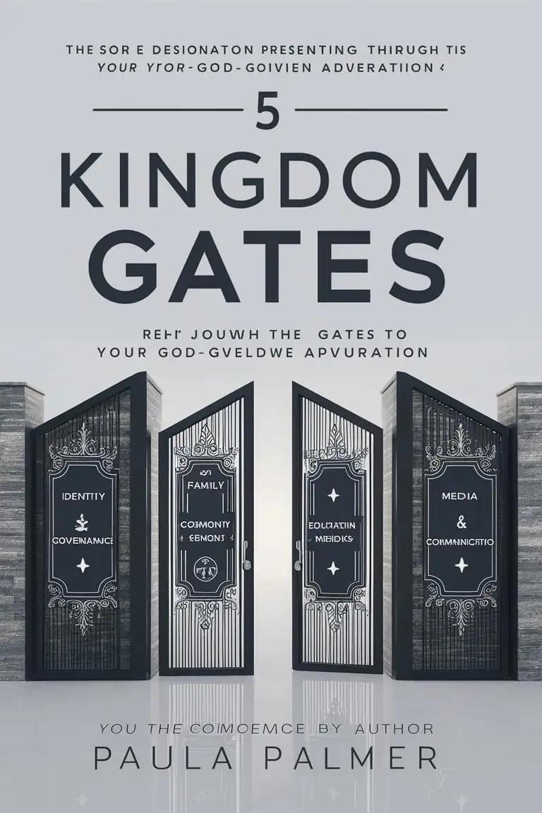 Modern Book Cover Depicting 5 Kingdom Gates Identity Governance Family Community Education Media Communication