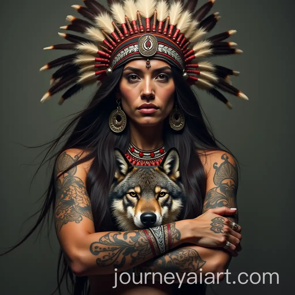 Warrior-Woman-with-Native-American-Headdress-and-Face-Tattoos