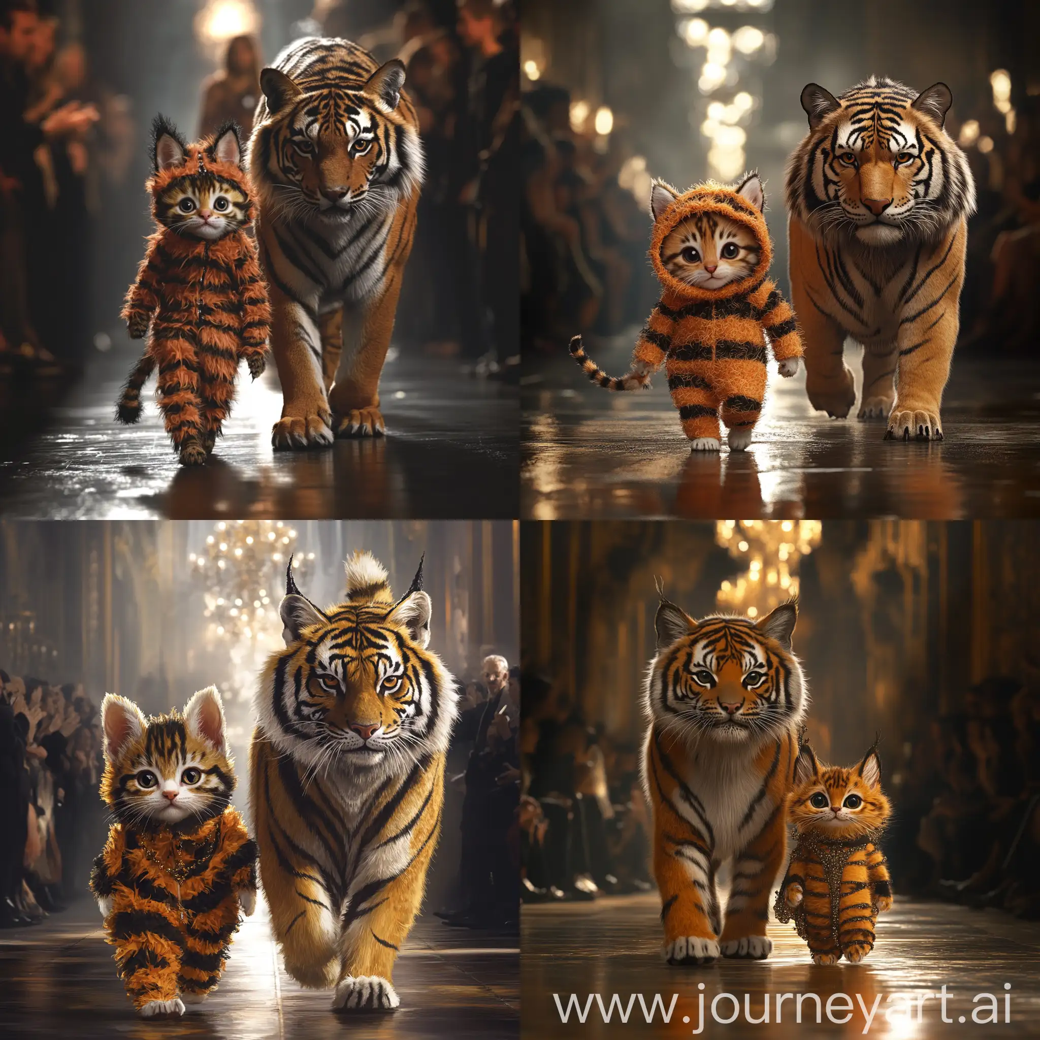 Anthropomorphic-Mankikon-Kitten-and-Majestic-Tiger-on-Fashion-Catwalk