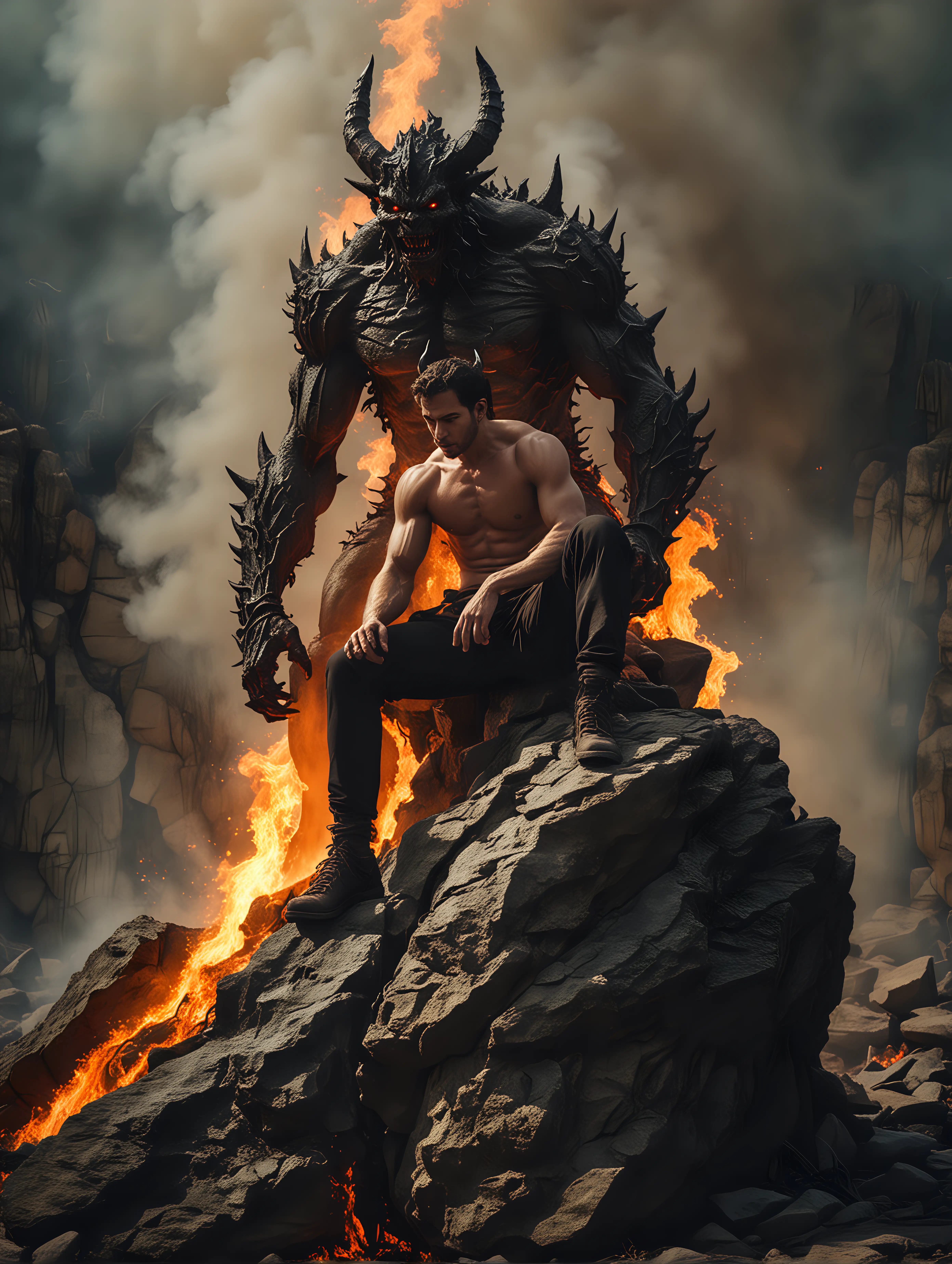 man sitting on a rock demon climbing up fire