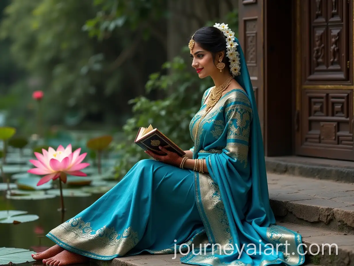 South-Indian-Bridal-Portrait-Sitting-on-Lotus-Flower-by-the-Lake