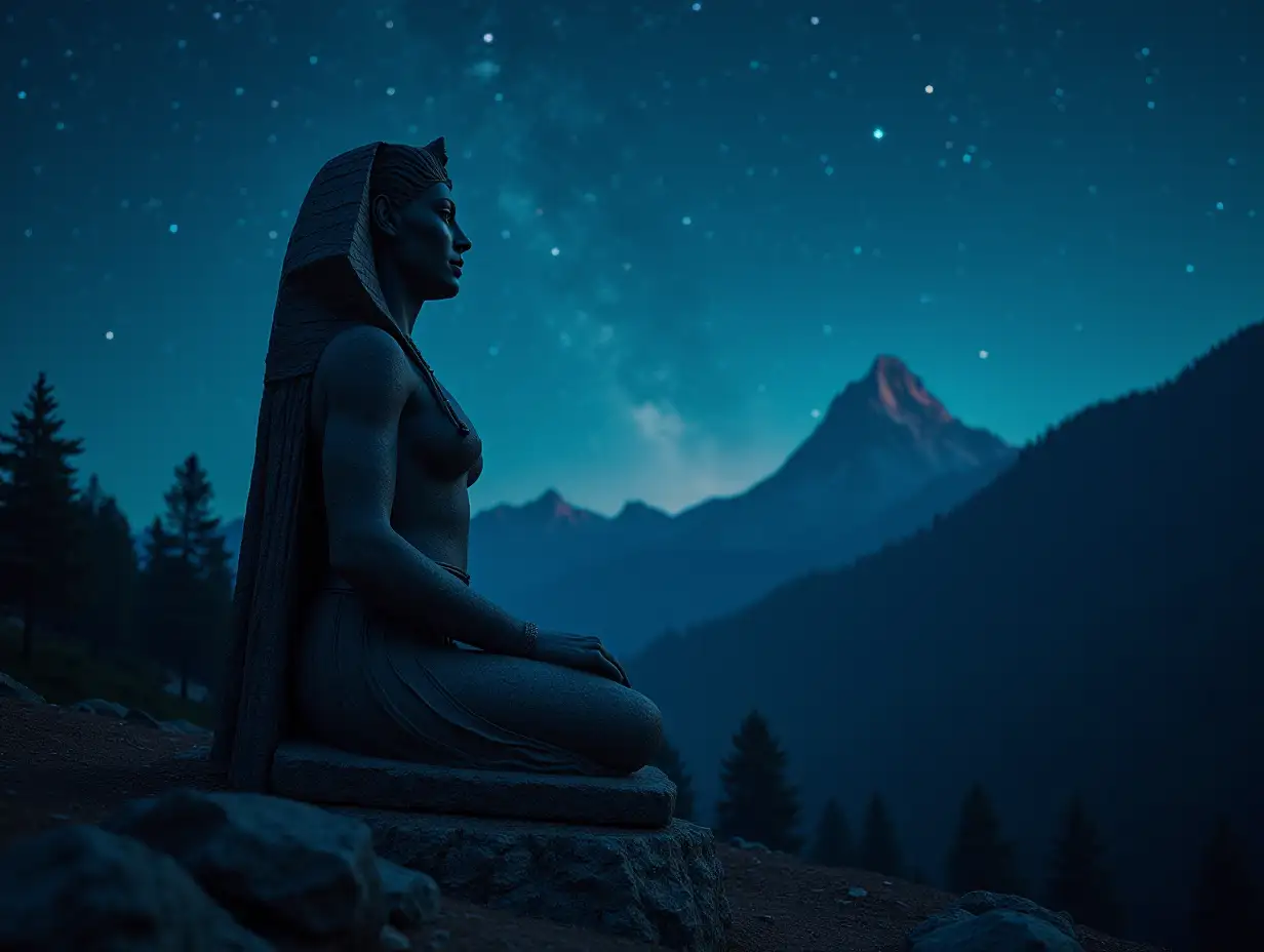 Woman-as-a-Sphinx-in-a-Mystical-Mountain-Forest-Under-Starry-Night-Sky