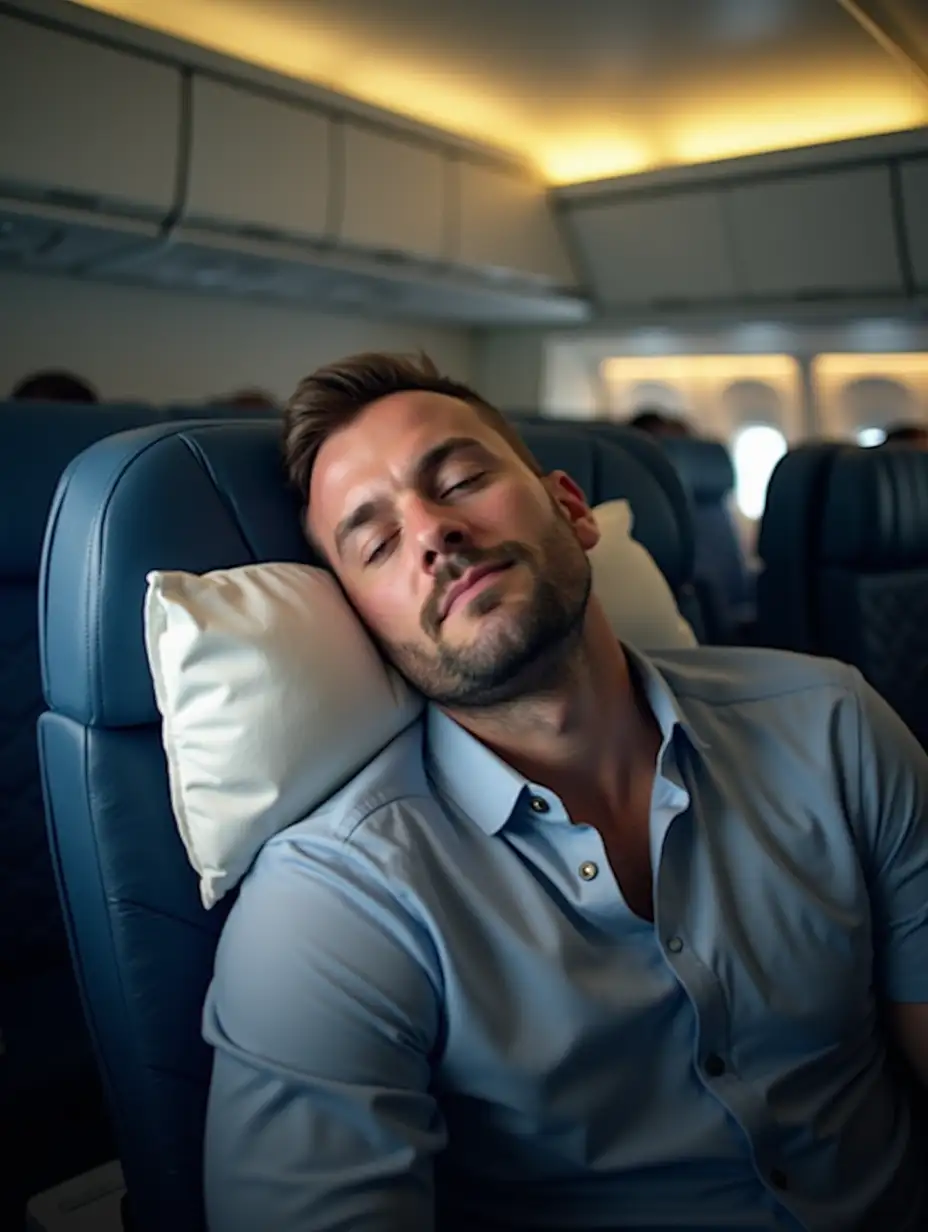 Sleepy man with pillow in passenger plane cabin. professional photo