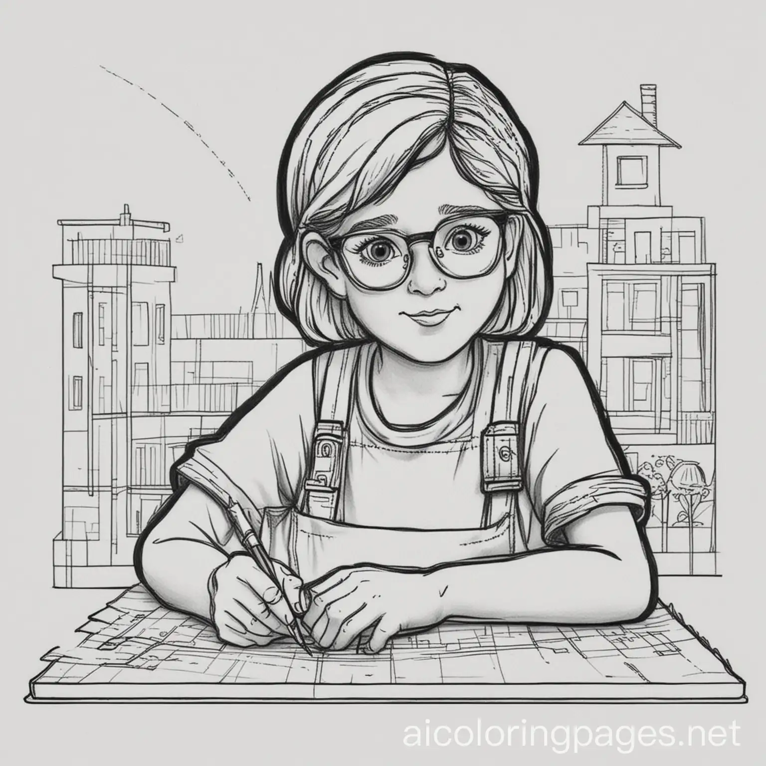 Architect, Coloring Page, black and white, line art, white background, Simplicity, Ample White Space. The background of the coloring page is plain white to make it easy for young children to color within the lines. The outlines of all the subjects are easy to distinguish, making it simple for kids to color without too much difficulty