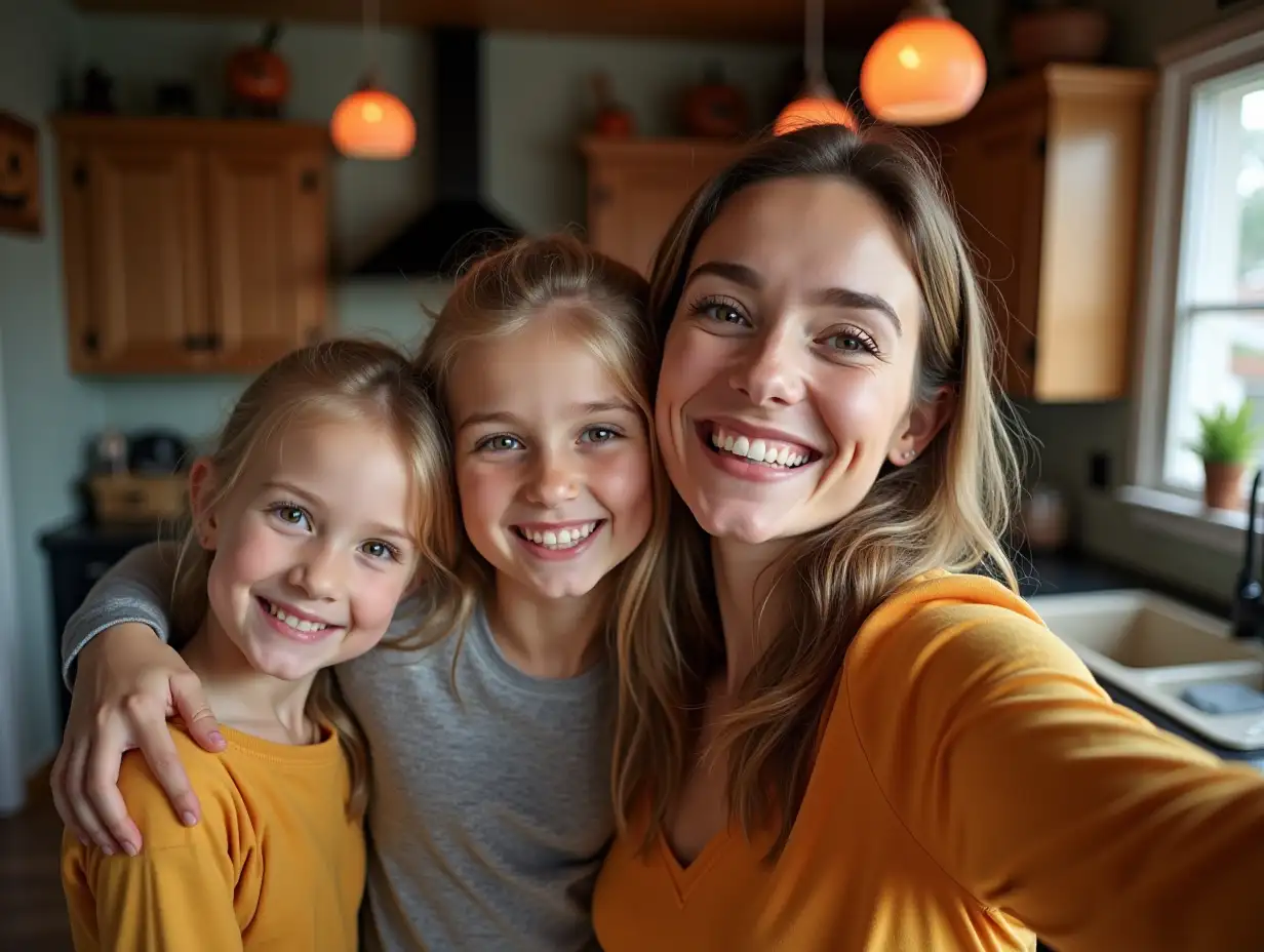 Smiling young woman taking selfie with her kids in Halloween decorated kitchen