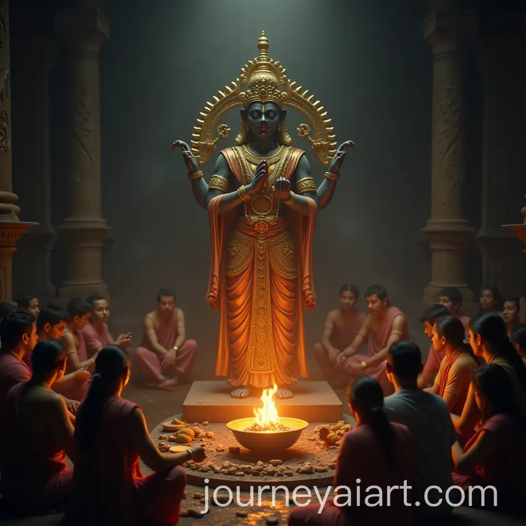 Devotees-Praying-to-Lord-Balaji-Statue-with-People-Cooking-Food-in-Dark-Atmosphere