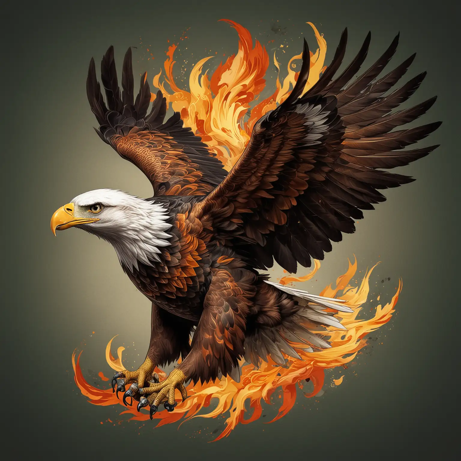 This image features a majestic eagle in mid-flight, with its wings fully spread. The eagle has a white head, yellow beak, and sharp yellow talons. Its body is dark green, while the feathers on its wings are a combination of brown, green, and gray. Below the eagle is a vibrant flame with shades of yellow, orange, and red, symbolizing power and energy. The illustration style is bold, with clean lines and sharp details, giving it a dynamic and aggressive feel. The color palette is rich and contrasts well, highlighting the eagle's dominance and the fiery element below. The overall aesthetic has a traditional tattoo or heraldic design vibe, with a strong, intense visual impact.