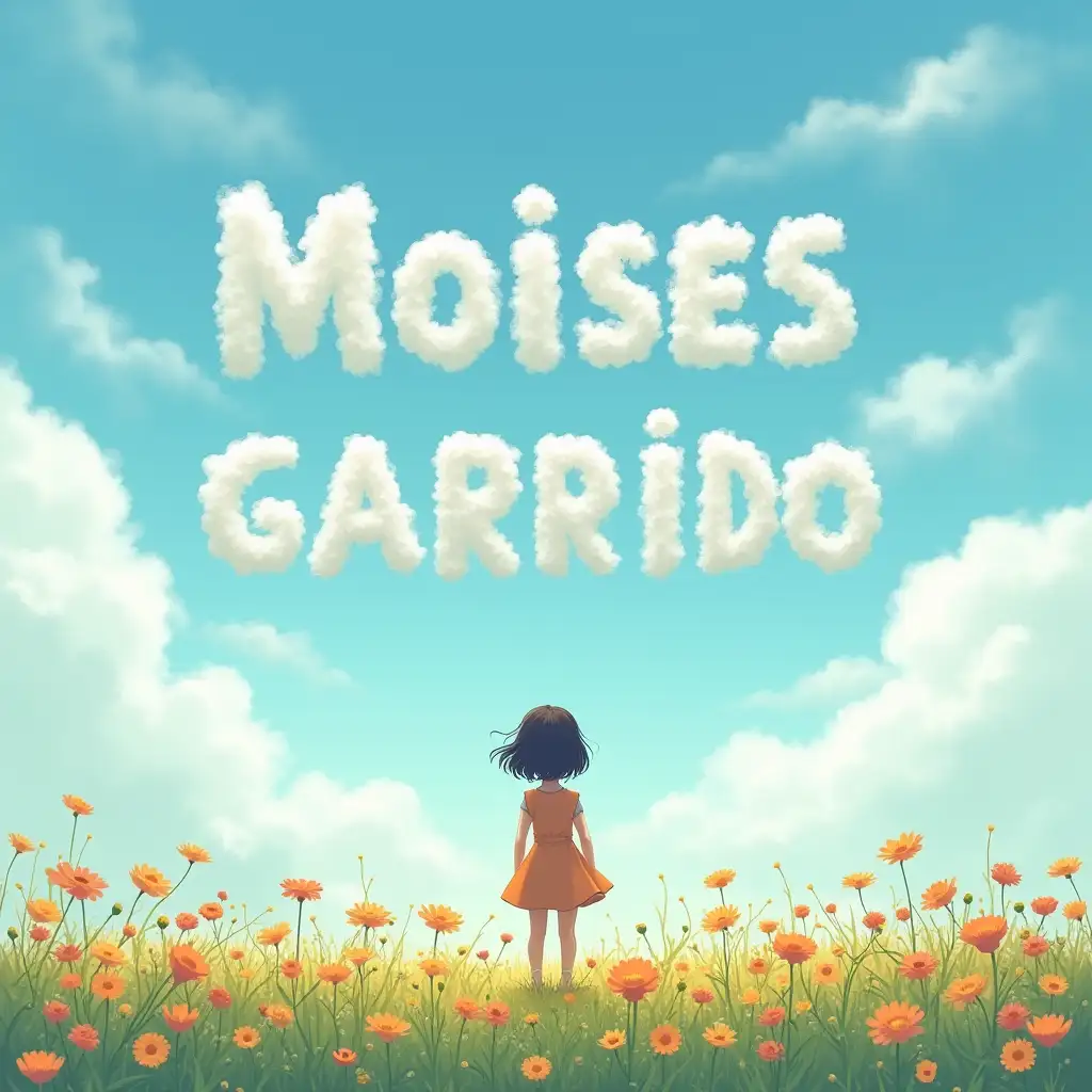 The girl stands in the middle of a flower field and looks at the sky, on the blue sky is written in letters from fluffy weightless clouds: “MOISES GARRIDO”