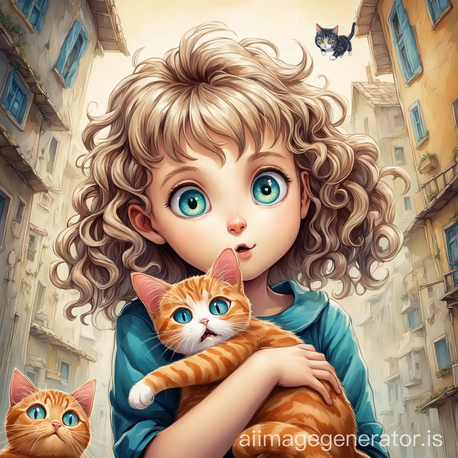 A young girl with light curly hair and exaggerated facial features is depicted holding a small tabby cat. The girl appears to be Caucasian and is about 8 years old. Her facial expression is playful but also slightly mischievous, with wide, expressive eyes. The cat, which is looking slightly upward, has a distinctive tabby pattern and large, expressive eyes. The girl is positioned in the center left of the image. She is looking at the cat, which is in front of her and slightly to the right. The colors are bright and vibrant, with an emphasis on creating a cartoonish style. The background is white. The style is illustrative and expressive. The composition is dynamic, drawing the viewer's attention to the interaction between the girl and the cat. The artist's focus on exaggerated features, such as the wide eyes and thick hair, creates a humorous and whimsical atmosphere.