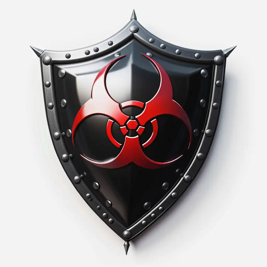 Fantasy-Black-Shield-with-Red-Biohazard-Symbol-and-Spikes-on-White-Background