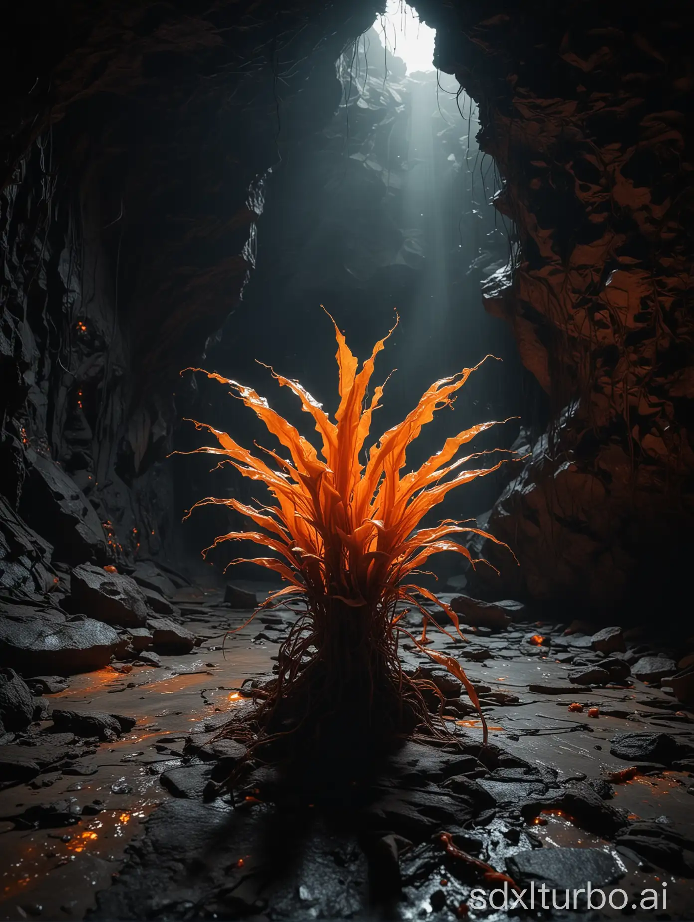 Mysterious-Cave-with-Glowing-Orange-Alien-Plant