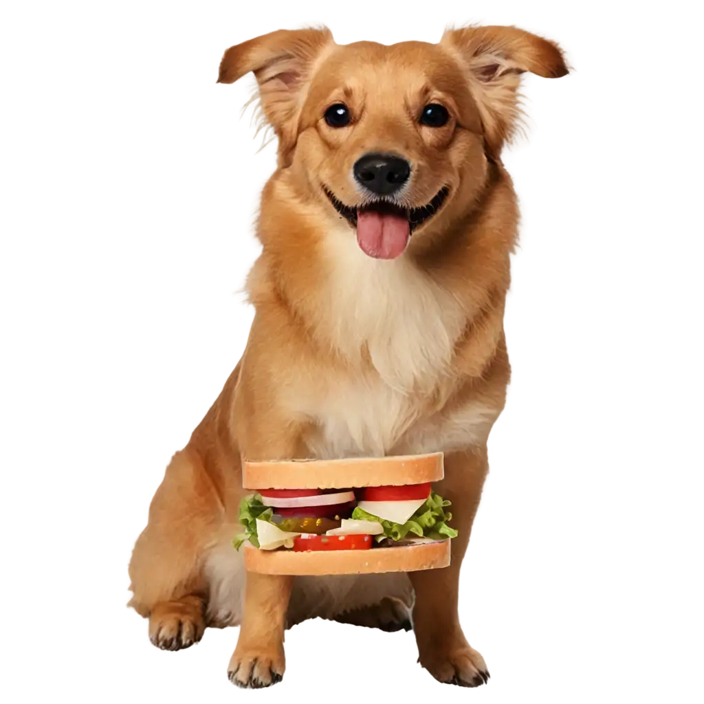 Happy dog eats sandwich