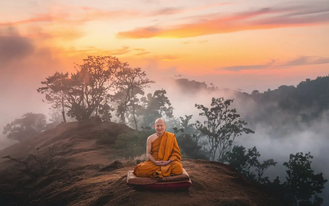 Buddhist Monk Meditating on Mountain Amidst Mist in Chiang Mai