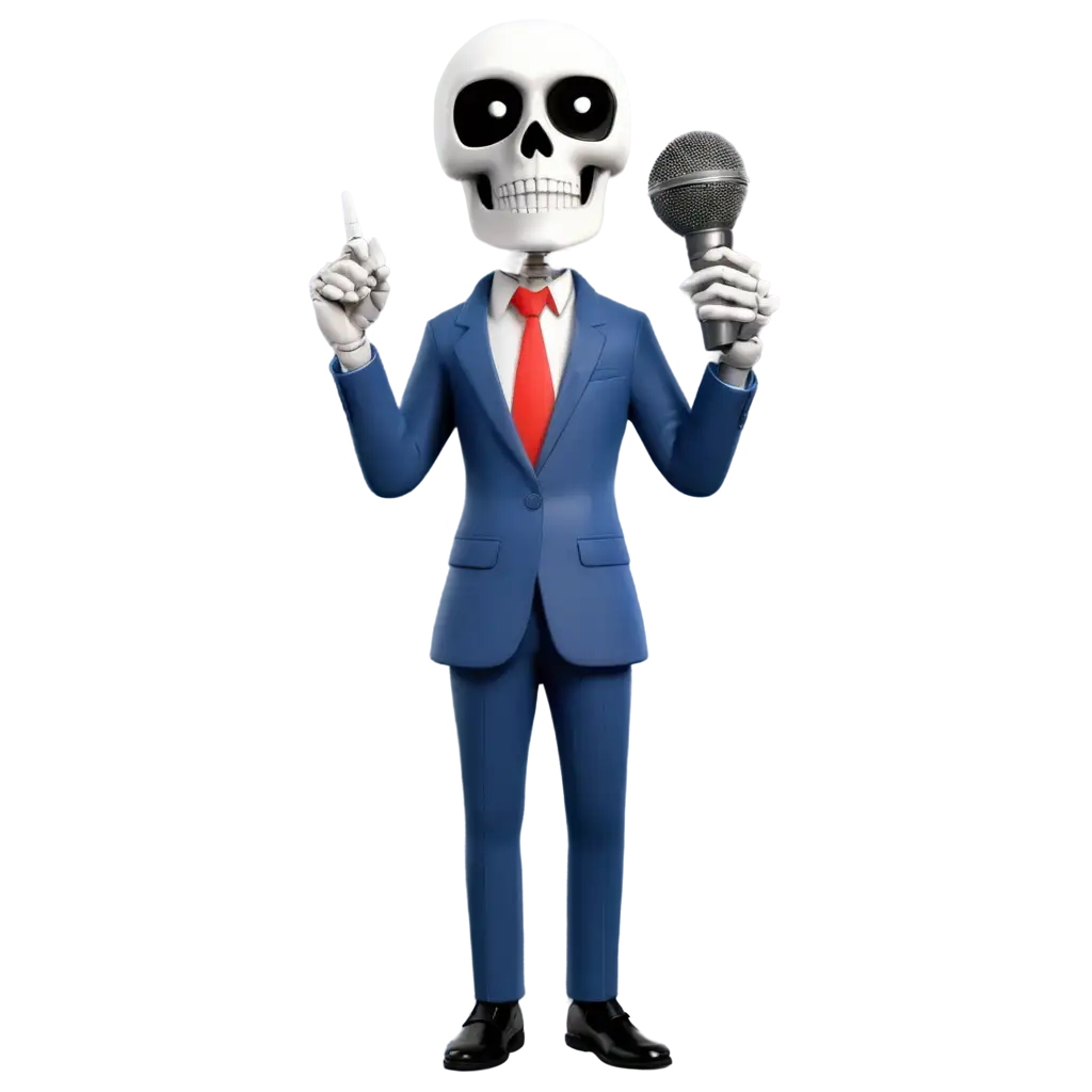 3D-PNG-Image-of-a-Skeleton-in-a-Blue-Formal-Suit-Holding-a-Speaker-HighQuality-Visual-for-Various-Uses