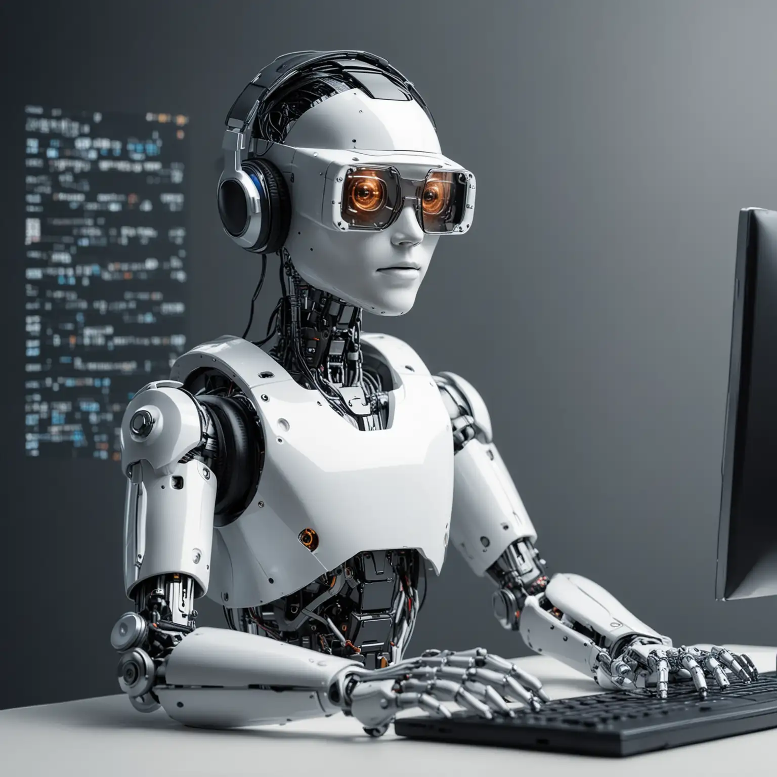 ai robot as web developer, surronded by coding screen having headphone and VR glases