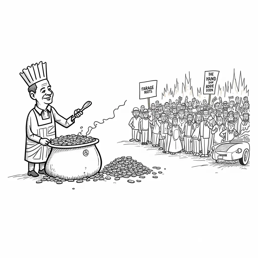 Caricature-of-Nigel-Farage-Cooking-with-Russian-Rubles-Amidst-Riots