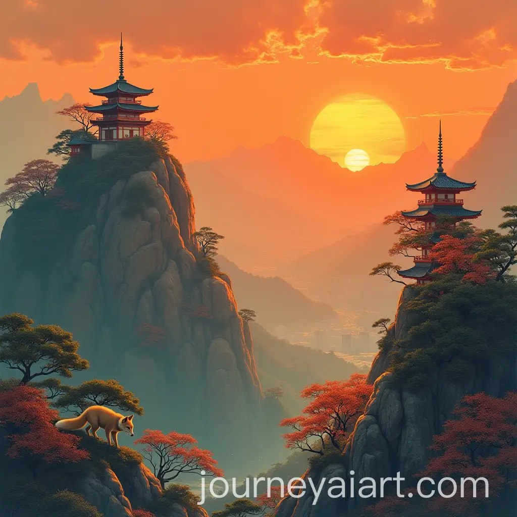 Japanese-Fox-Climbing-Mountain-with-Temple-at-Sunset-Over-Valley-on-Fire