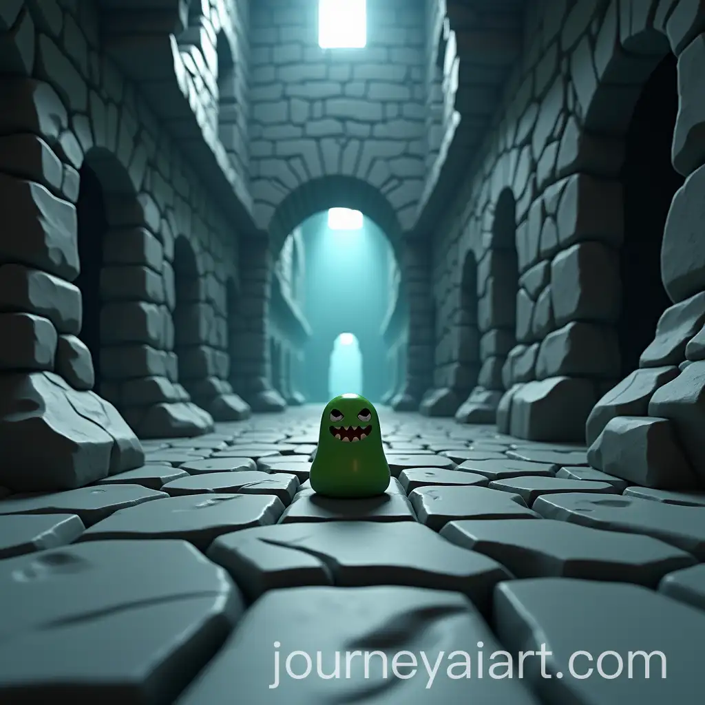 Panoramic-View-of-a-Low-Poly-Medieval-Dungeon-with-Slime-Monster