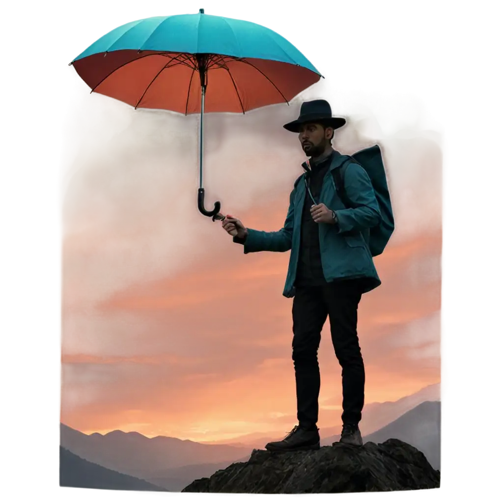 Digital-Man-with-Turquoise-Umbrella-at-Sunset-PNG-Image-for-Vibrant-Visuals