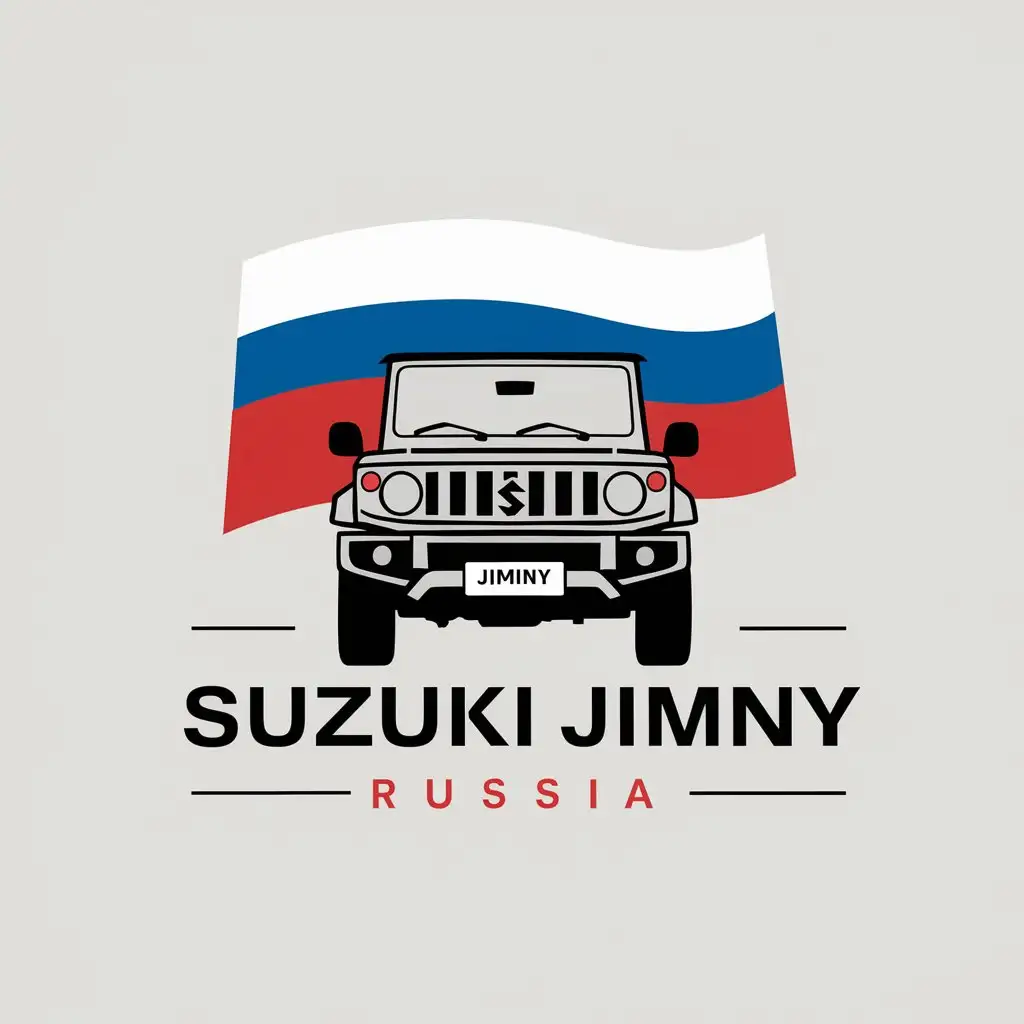 a vector logo design,with the text "Suzuki Jimny Russia", main symbol:Suzuki Jimny, russian federation flag,Minimalistic,clear background