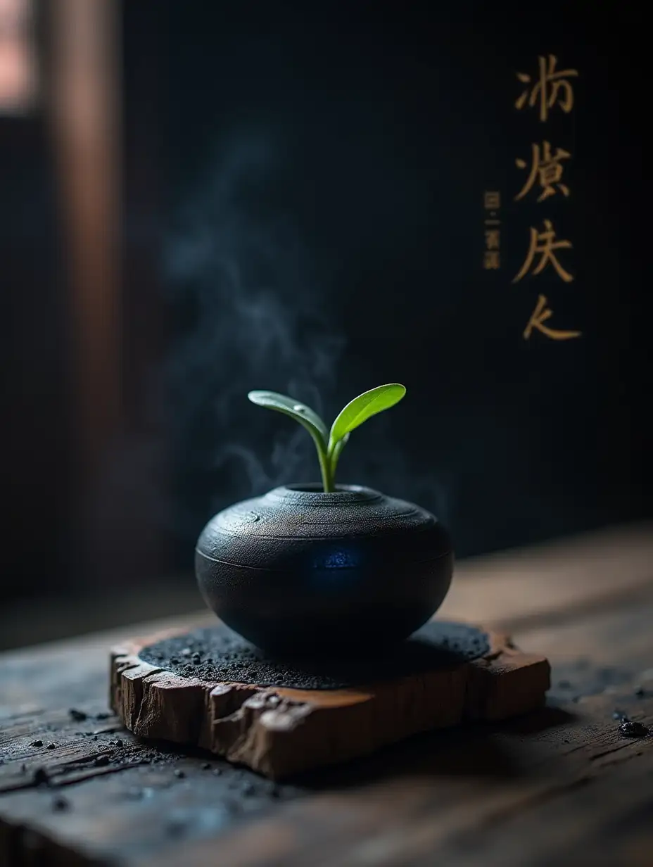 A beautifully crafted, deep black Chinese ink stick, subtly glowing with an inner, faint bluish or violet sheen (Nirvana Ink), resting on a weathered wooden surface. Around its base, hints of charred wood or ash, with a single, resilient green sprout pushing through. Background is a softly blurred, traditional Chinese workshop interior. Cinematic lighting, moody, dramatic, highly detailed. The title '《墨染匠心》' subtly integrated. Chinese traditional aesthetic.