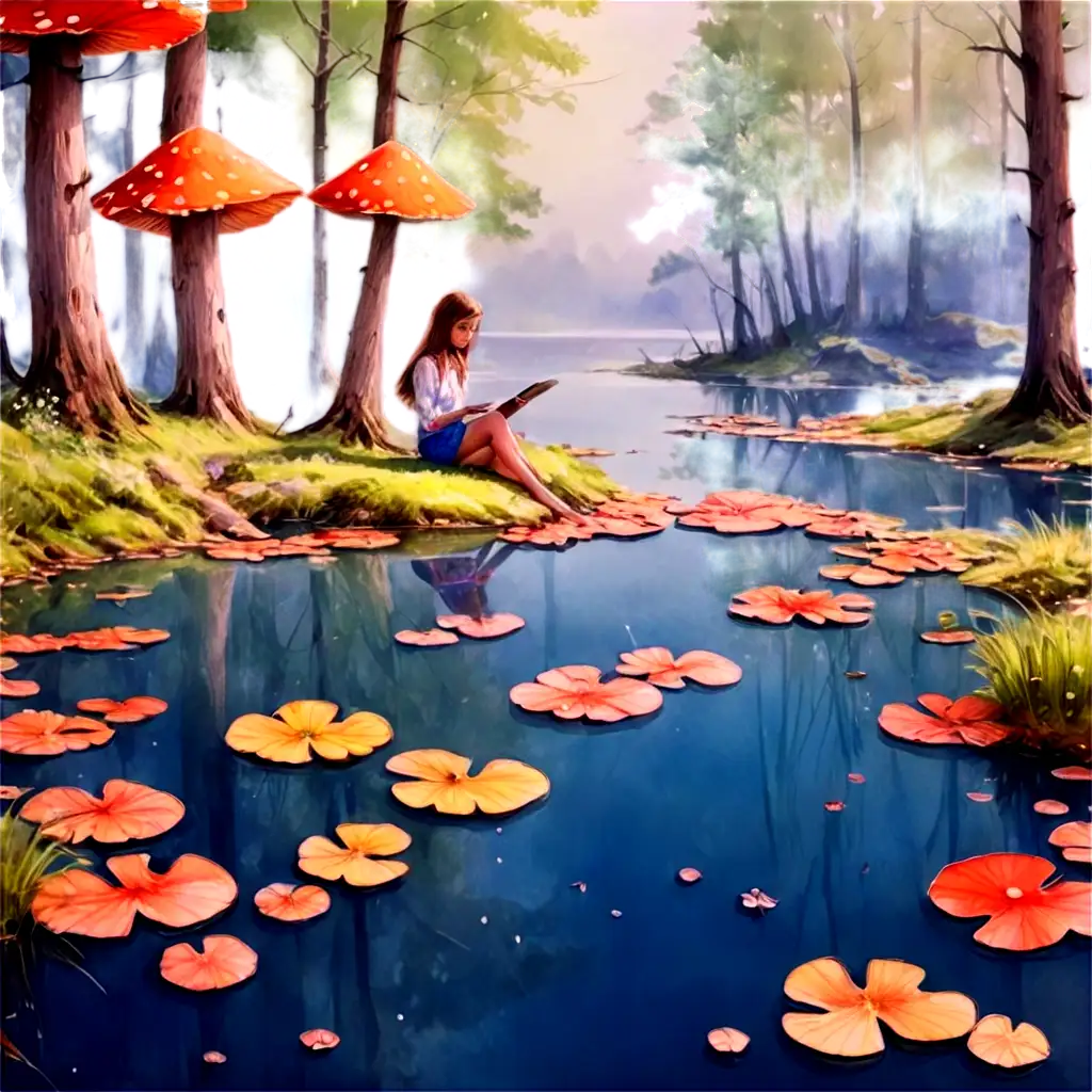 Enchanting-PNG-Image-of-Girls-Living-in-a-Dreamlike-Lake-Surrounded-by-Colorful-Fungi-in-the-Forest