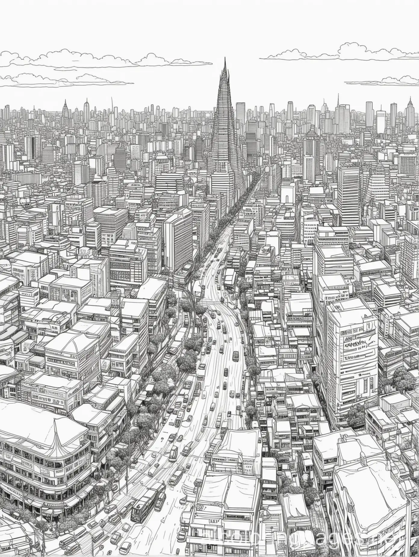 whole Bangkok city , Coloring Page, black and white, line art, white background, Simplicity, Ample White Space. The background of the coloring page is plain white to make it easy for young children to color within the lines. The outlines of all the subjects are easy to distinguish, making it simple for kids to color without too much difficulty