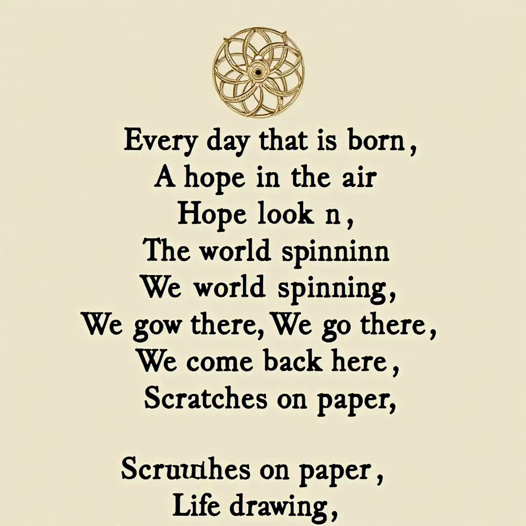 [Verse]nEvery day that is bornnA new looknHope in the airnThe world spinningnWe go therenWe come back herenScratches on papernLife drawing