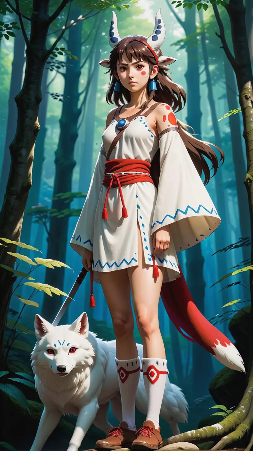 Princess Mononoke Standing in Forest with Wolf Companion